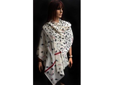 Wollen sjaal, vogels, offwhite, zwart en rood