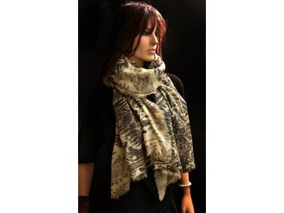 Wollen sjaal of stola met vintage paisley motieven, offwhite, grijs en taupe