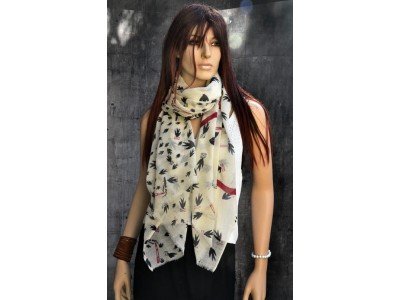 Wollen sjaal, vogels, offwhite, zwart en rood