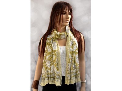 Katoenen sjaaltje met originele blockprint, mosterd, wit, bruin, zwart