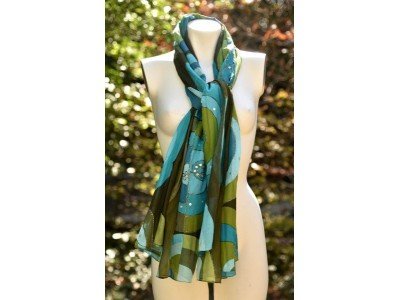 Sjaal of pareo, turquoise, groen en andere kleuren, geometrische figuren en bollen