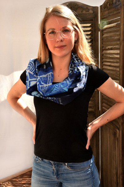 Katoenen rond sjaaltje, blauw, turquoise, wit