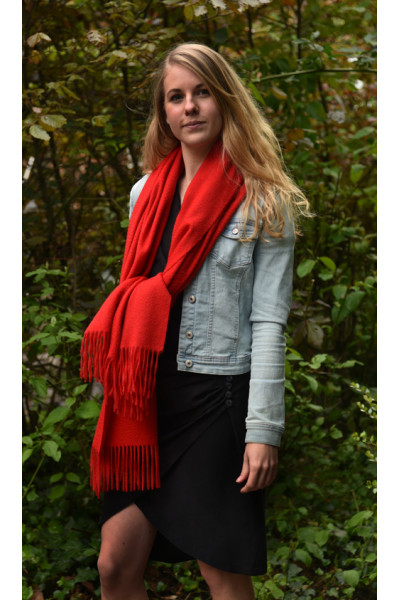 Echte dikke wollen cashmere sjaal met franjes, rood, uniseks 