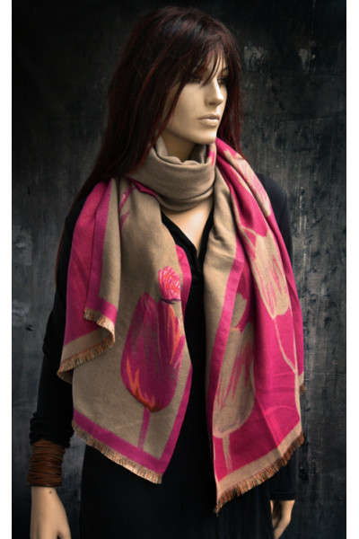 Tulpen en vlindersjaal, beige, roze en andere kleuren