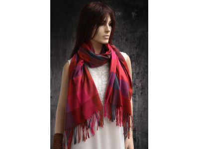 Warme zachte sjaal met blok- of ruitpatroon, fuchsia, petrol, oranje, rood