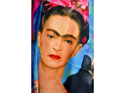 Zelfportret Frida Kahlo met kat en bloemen, warme sjaal