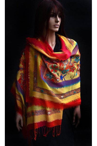 Wollen sjaal, bohemian oker, paars and rood