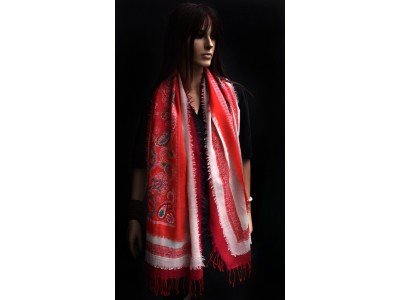 Wollen sjaal of stola, bohemian, rood en wit 