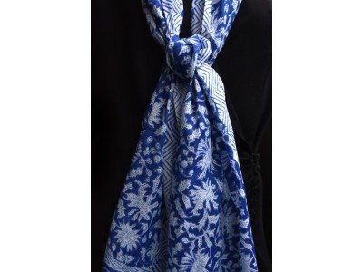 Katoenen origineel blockdrukprint sjaaltje, blauw en wit