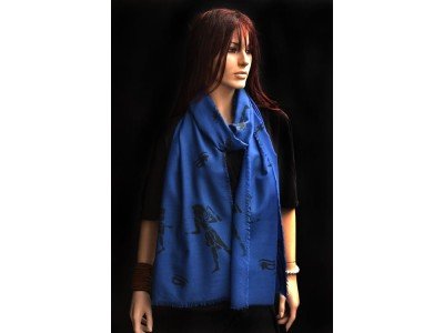 Wollen sjaaltje, smal, donkerblauw, egyptische symbolen