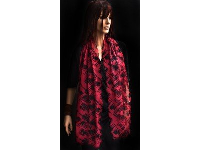 Wollen sjaal, bordeauxrood, zwarte figuren