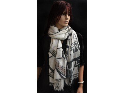 Wollen sjaal of stola, offwhite, grijs, zalm en paars
