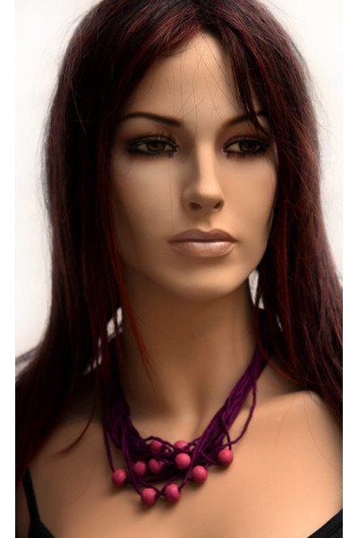 Echte handgeschilderde zijden ketting, paars met lichtpaarse houten kralen