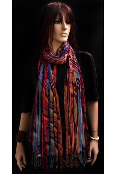 Viscose boho, casual sjaal voor onder een jas, paars, roze, blauw, oranje en rood