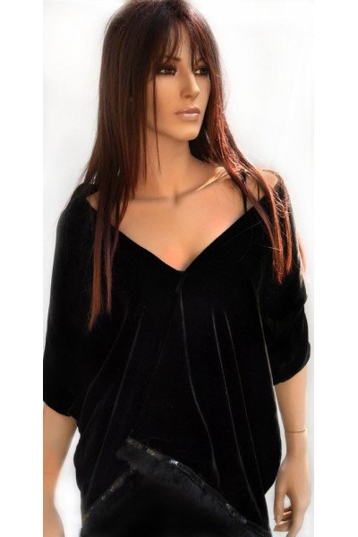 Zwarte zijde fluwelen sjaal gevoerd met zwarte chiffon zijde, bontfranjes