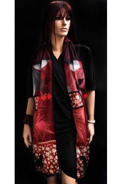 Patchwork vintage style sjaal met kant en franjes, rood, zwart en grijs