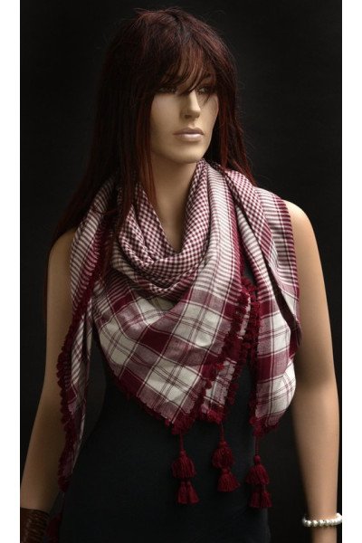 Grote vierkante sjaal met flossen, wit en bordeaux