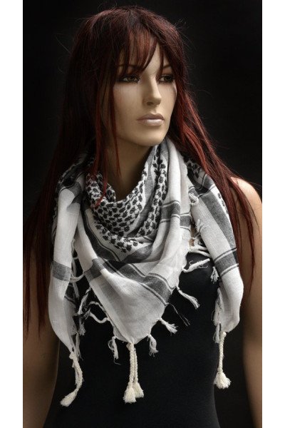 Zwart wit grijs vierkant sjaaltje met franjes en flossen