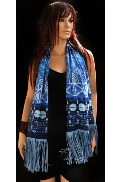 Blauw wit katoenen sjaaltje met suedine franjes