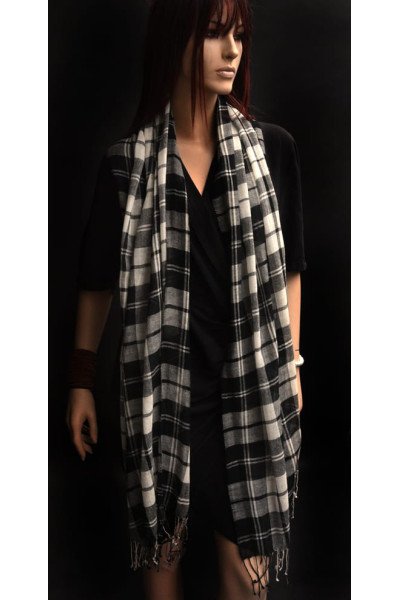 Wollen sjaal, uniseks, zwart wit, blokken, ruiten en strepen